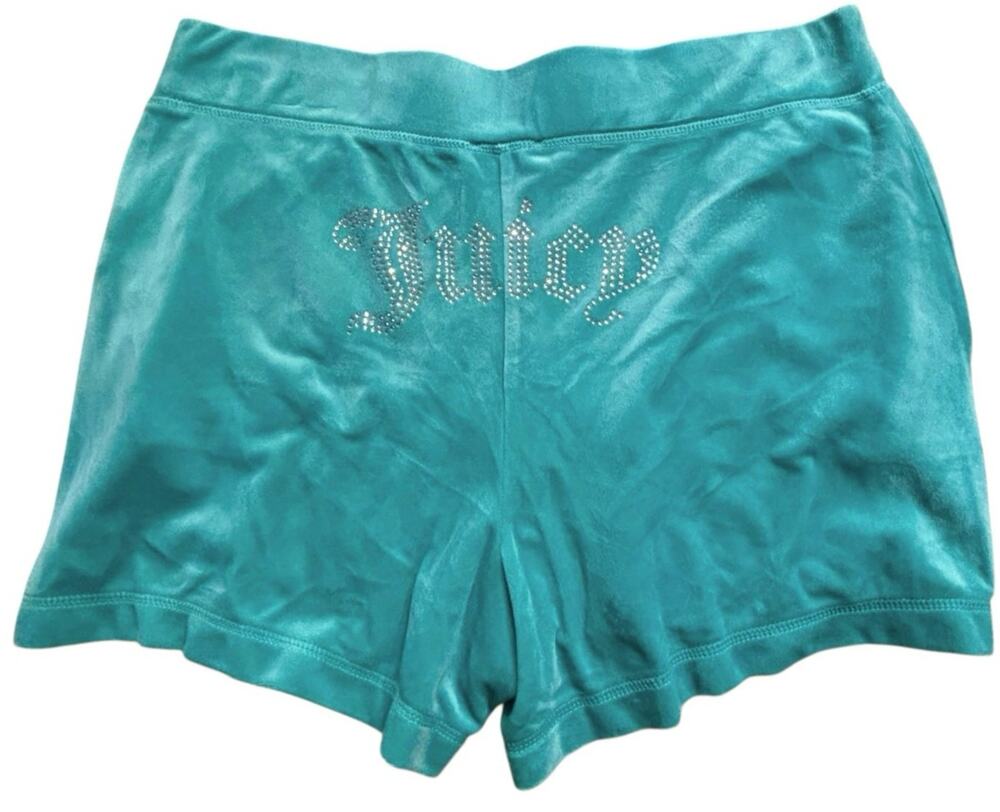 Juicy Couture Velour Track Shorts Teal Green Bling Loungewear Womens L 4" Inseam